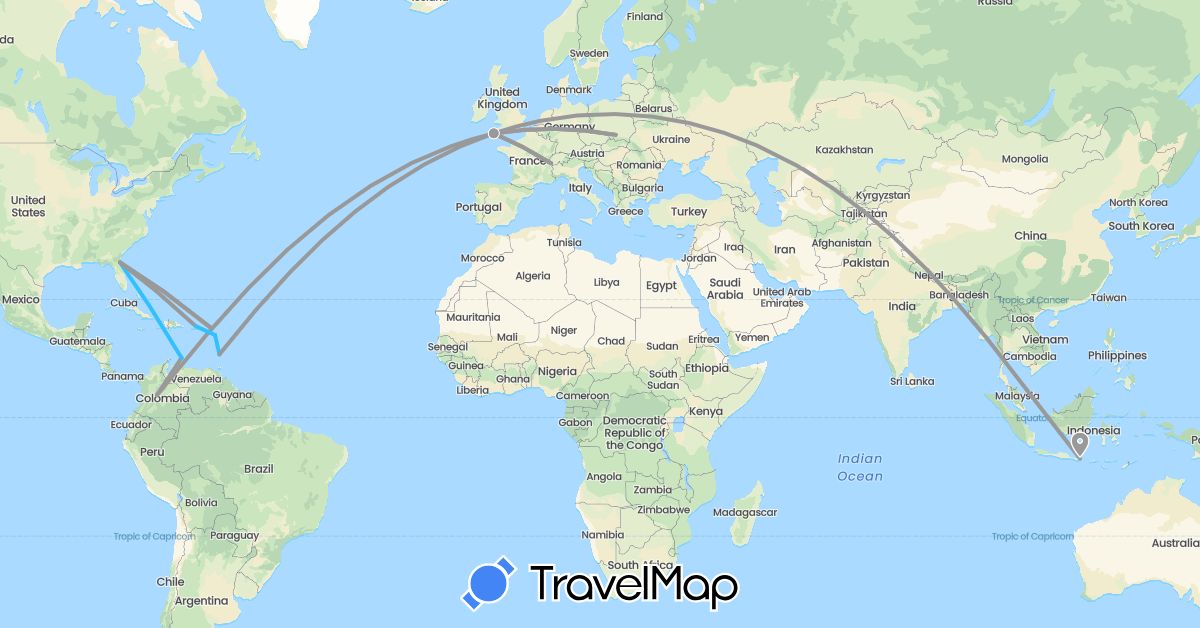 TravelMap itinerary: plane, boat in Anguilla, Colombia, France, United Kingdom, Indonesia, Montserrat, Netherlands, Poland, United States, Saint Vincent and the Grenadines (Asia, Europe, North America, South America)